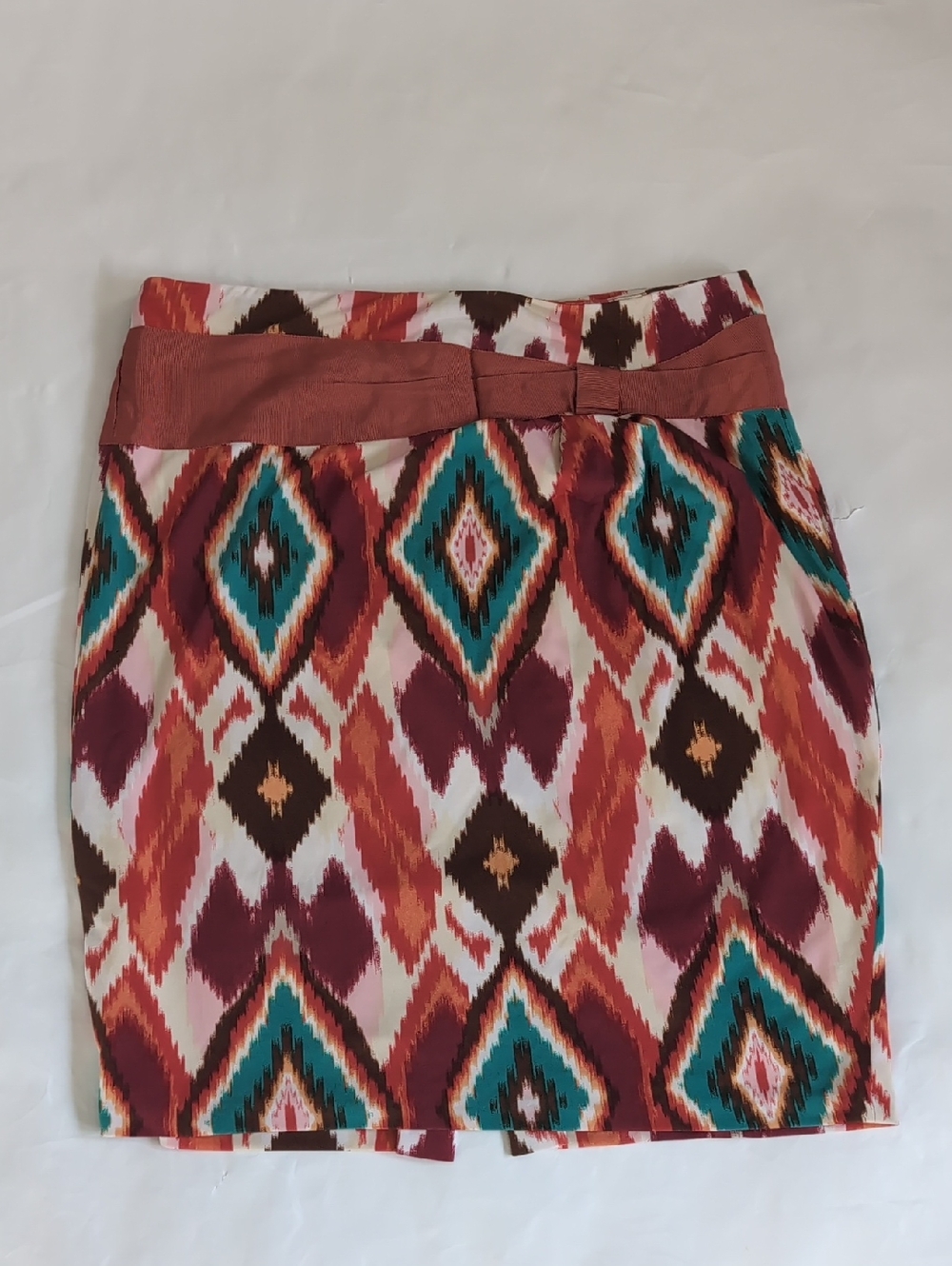 ANTONIO MELANI Diamond-Print Pencil Skirt in Rust, Teal & Cream - 6